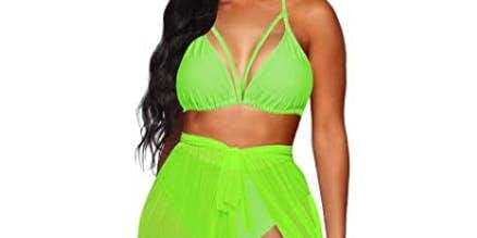 3 Piece Bikini Set Swimsuit with Sheer Mesh Skirt