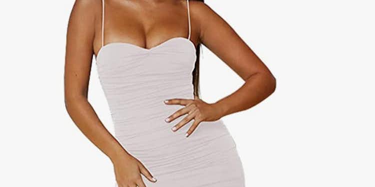 L'VOW Women's Sexy Ruched Bodycon Spaghetti Strap Backless Maxi Pencil Formal Dress