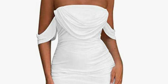 HOCILLE Women's Sexy Ruched Bodycon Strapless Off Shoulder Midi Club Party Tube Dresses