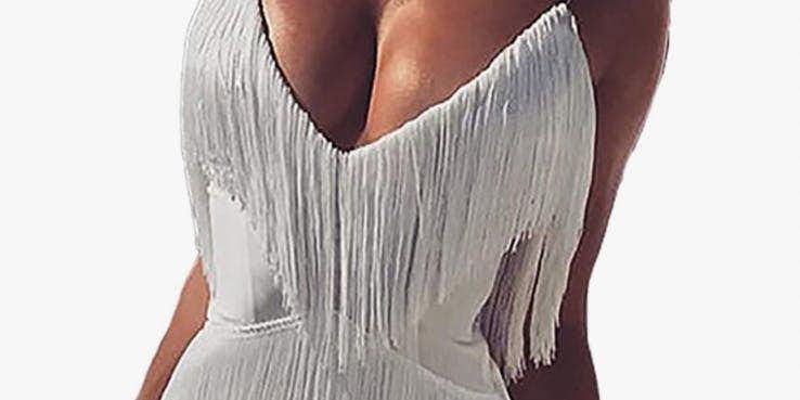 Womens Sexy 2 Piece Outfits Sleeveless Crop Top Feather Tassels Bodycon Mini Dress Outfits Clubwear